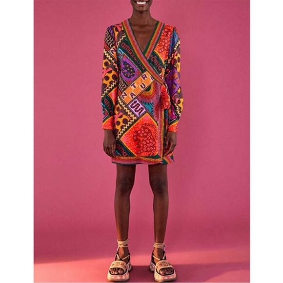 NWT FARM RIO Dotted Patch Scarf Mini Wrap Dress Printed Multicolor Sz. XS - Picture 1 of 7